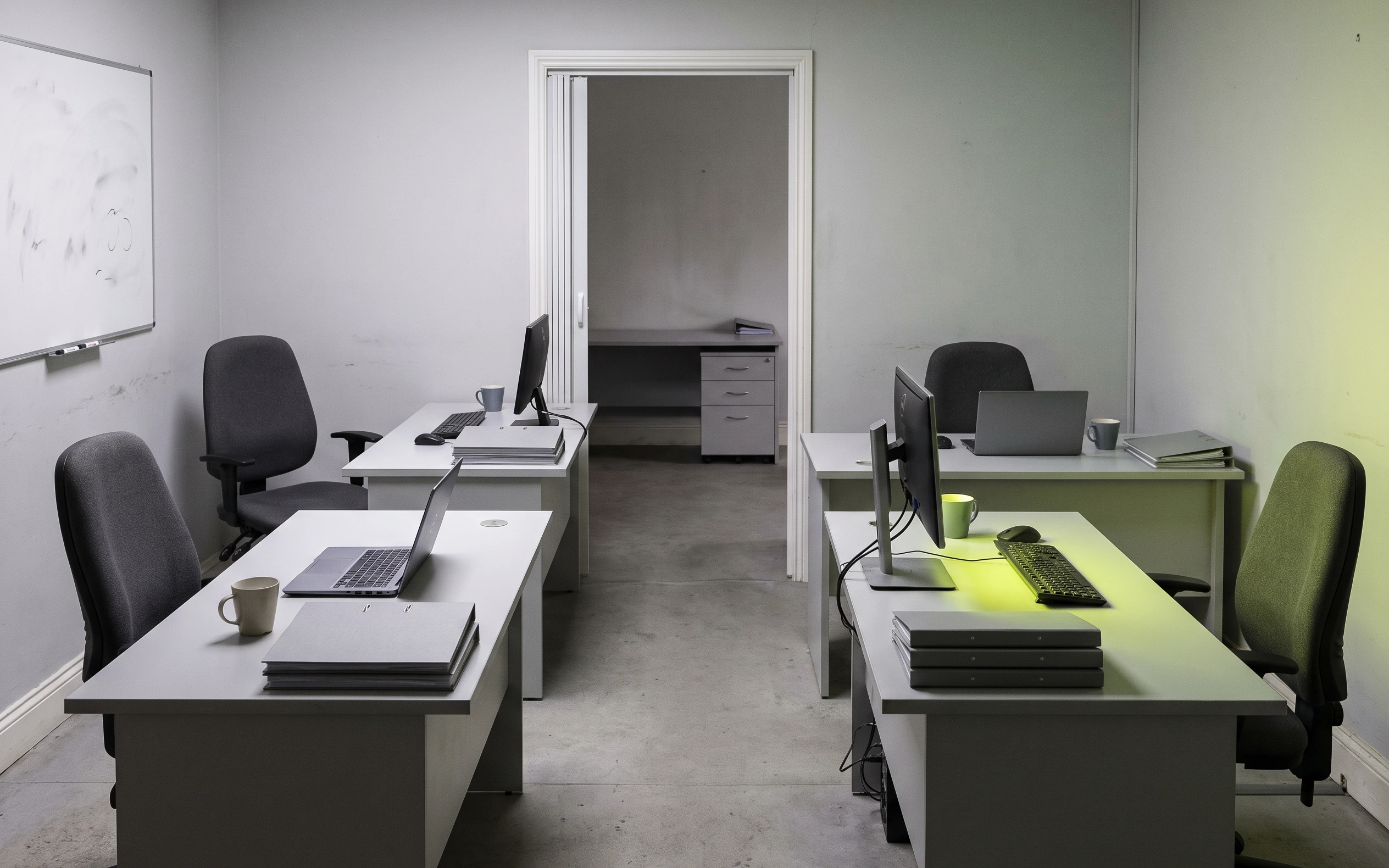 An empty two-desk office in gray daylight, laptops and monitors set out, one desk lit by a pool of chartreuse light.