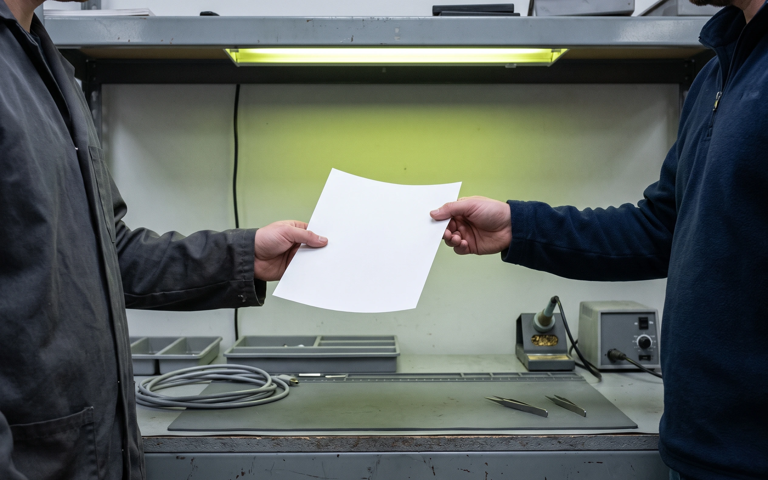 One person handing a single sheet of paper to another across a workshop bench.