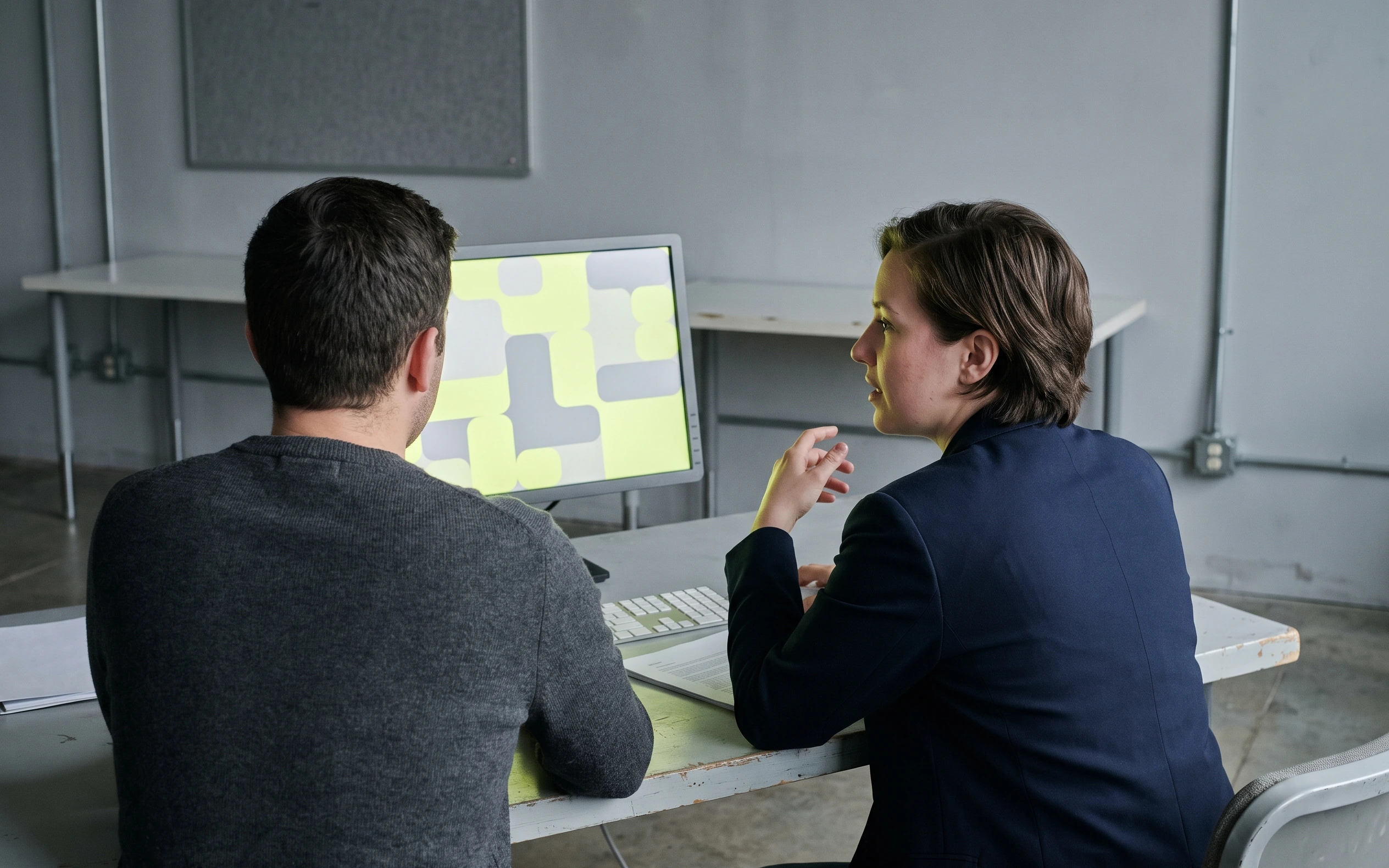 Two colleagues at a desk reading a result on one monitor, one explaining it to the other.