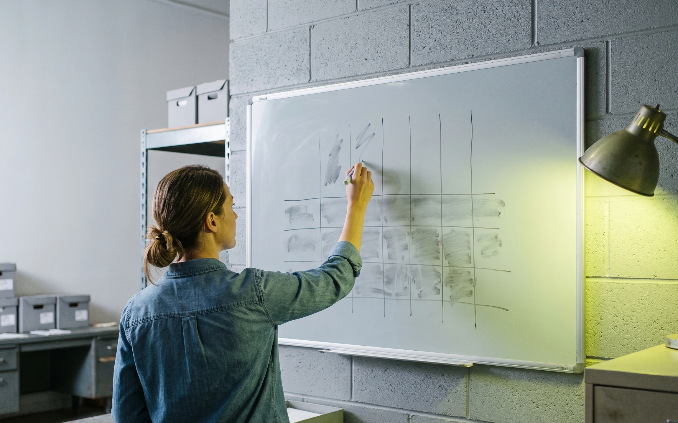A woman in a denim shirt at a whiteboard in a breeze-block storeroom, drawing out a process grid, a work lamp throwing hard green-white light across the board.