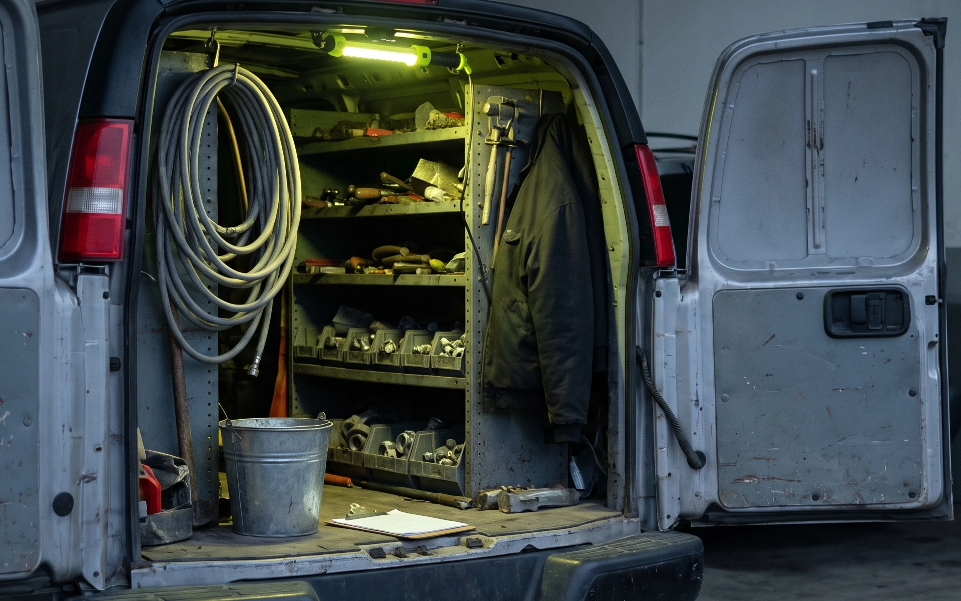 The open rear doors of a work van: shelves of pipe fittings and coiled hose lit by a strip light, a bucket and a folded jacket on the floor.
