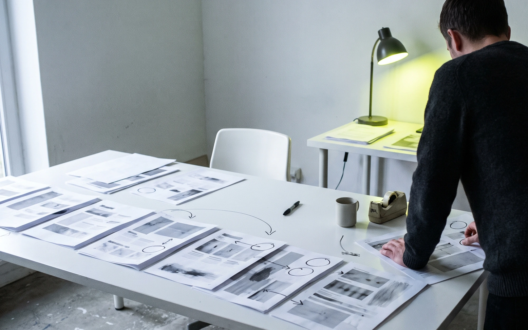 A long white table covered end to end with printed campaign layouts, a man standing at the far end under a desk lamp working through them.