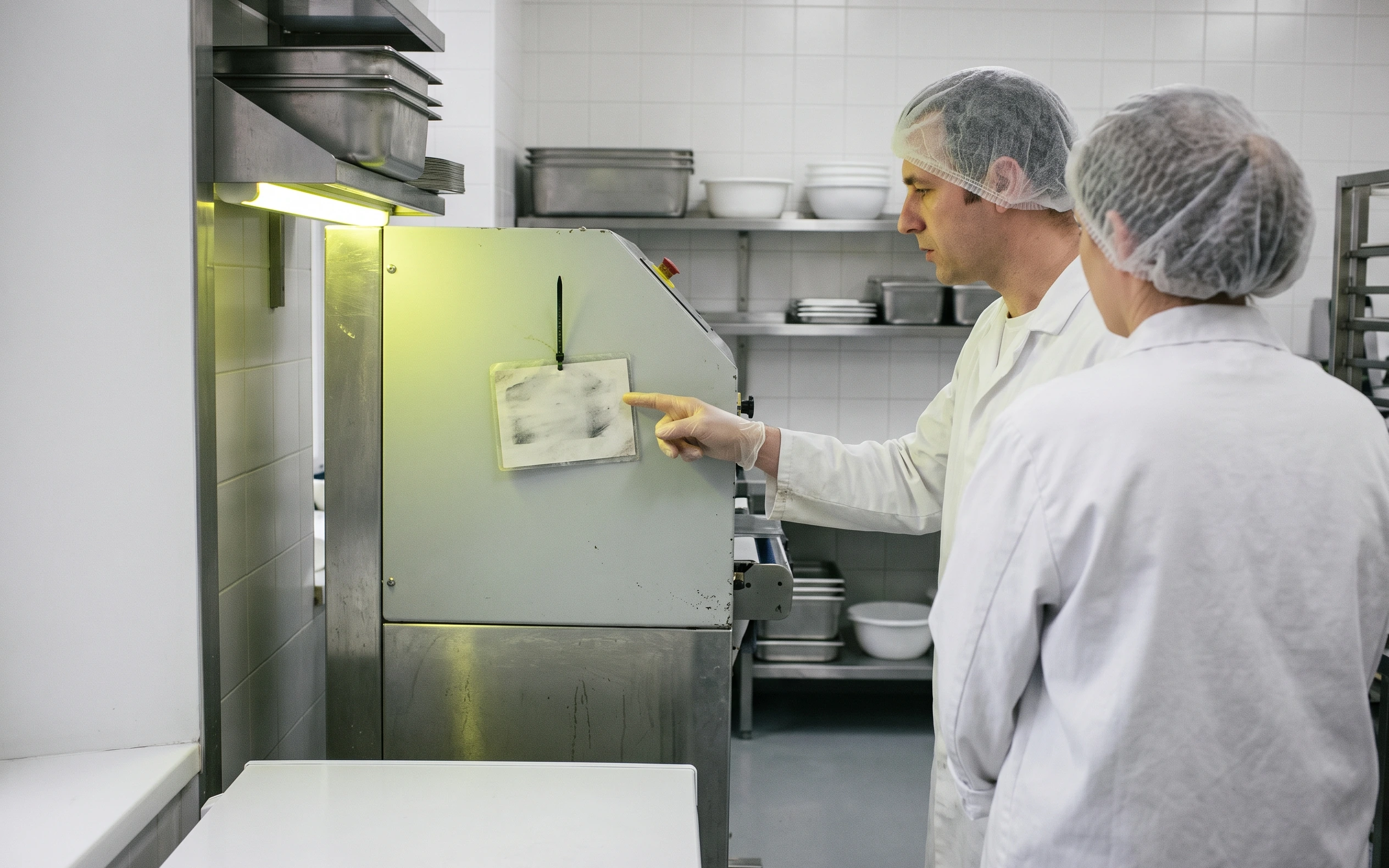 Two people in hairnets at a stainless prep counter in a commercial kitchen, one holding up a printed sheet to the other under an overhead lamp, shelves of trays and containers behind them.