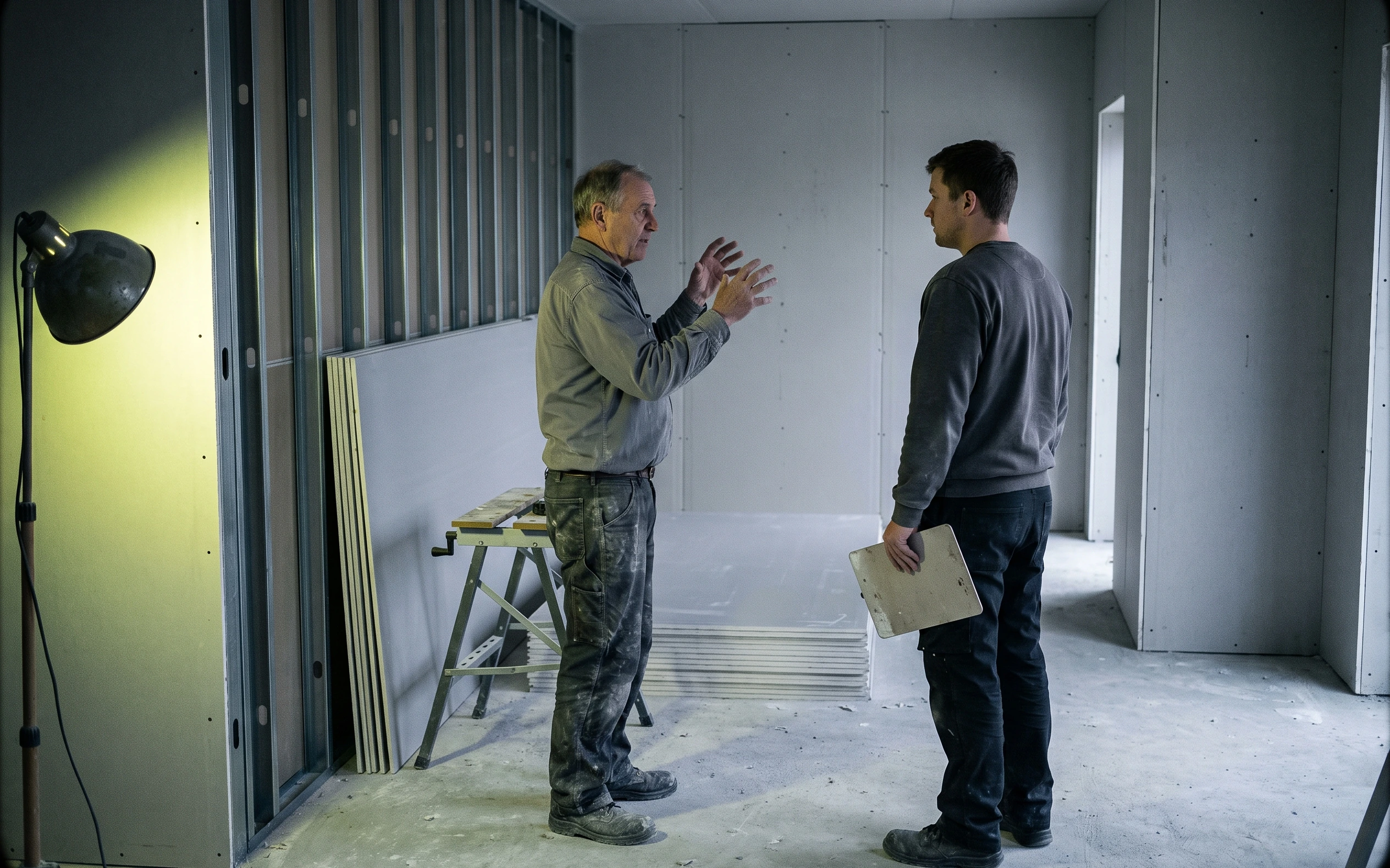 Two men in a part-built room with exposed steel studs: the older one talking through a detail at a trestle while the younger takes notes on a pad.
